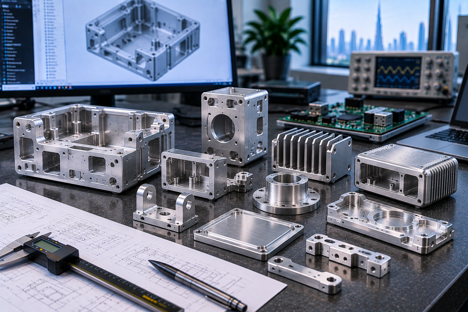 Custom prototype CNC-machined electronics components displayed in an engineering development environment