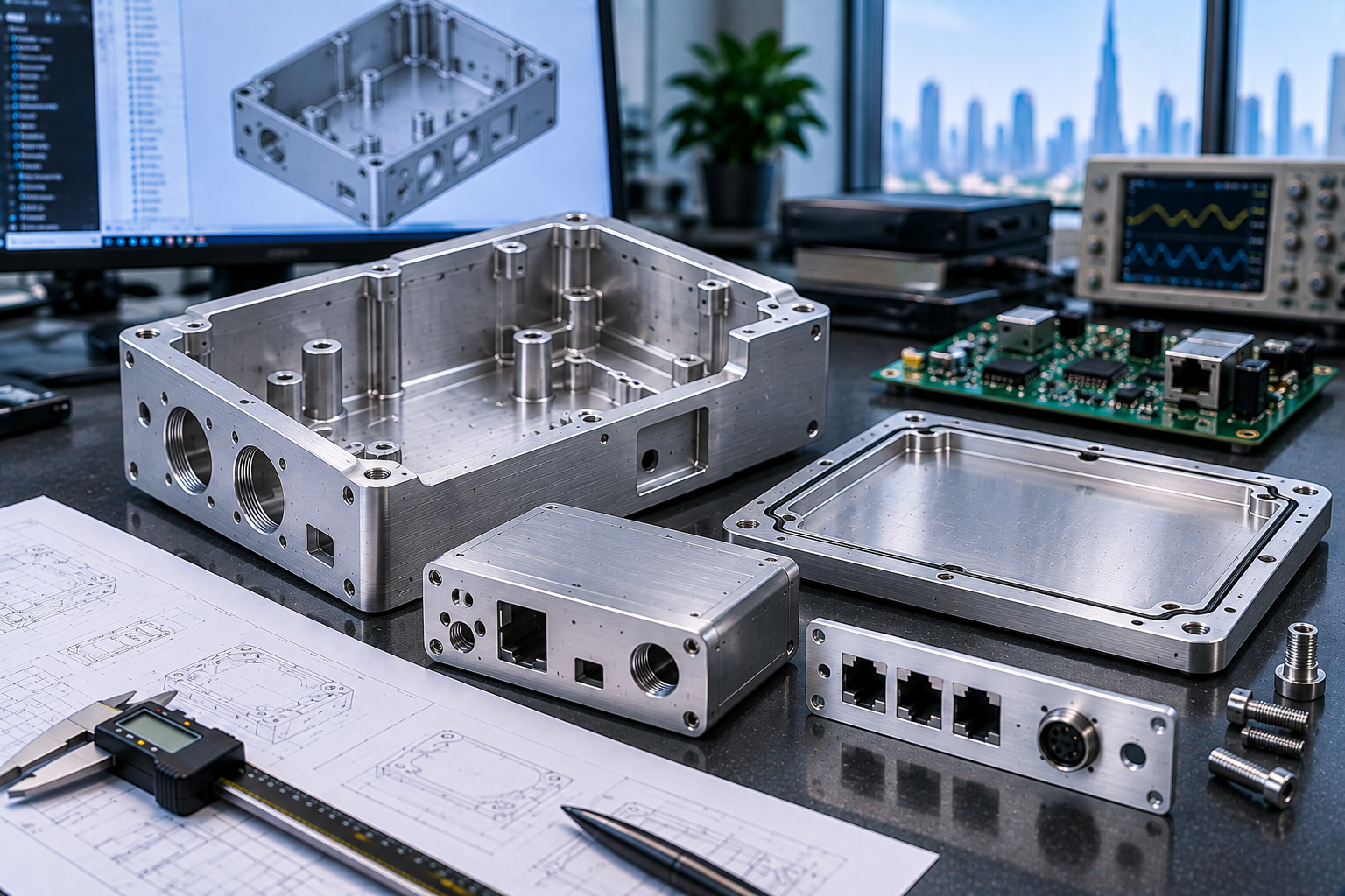 Precision CNC-machined aluminium electronics enclosure showing internal pockets mounting features and interface openings in an engineering workspace