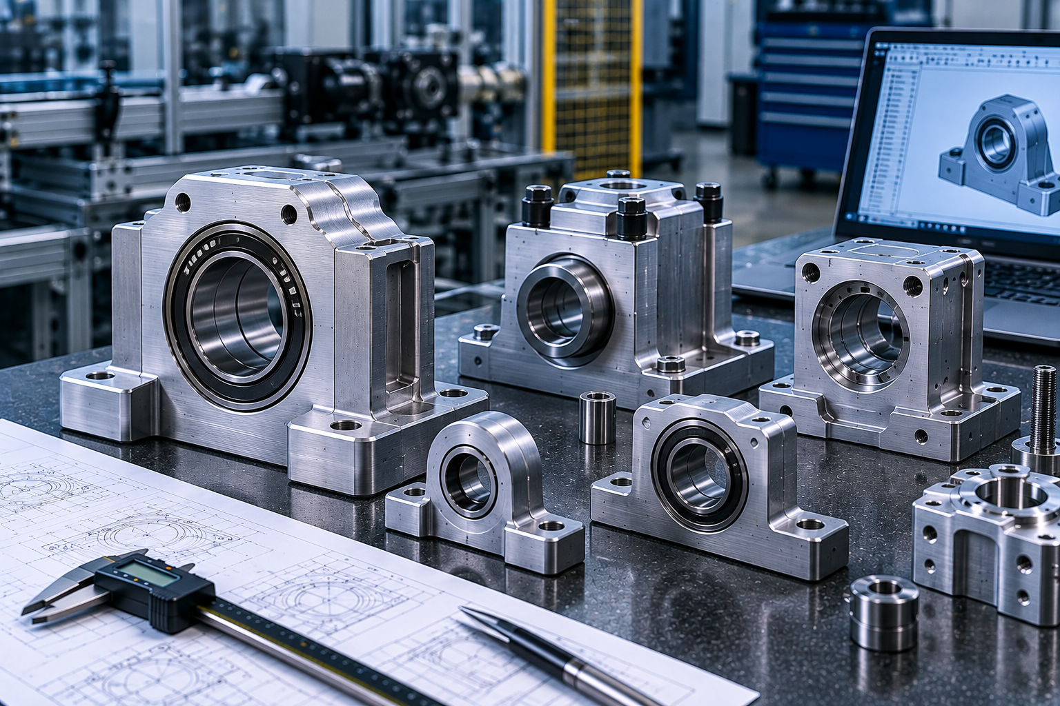 Precision CNC-machined bearing blocks and support housings for industrial machinery and automation projects in Dubai and the UAE