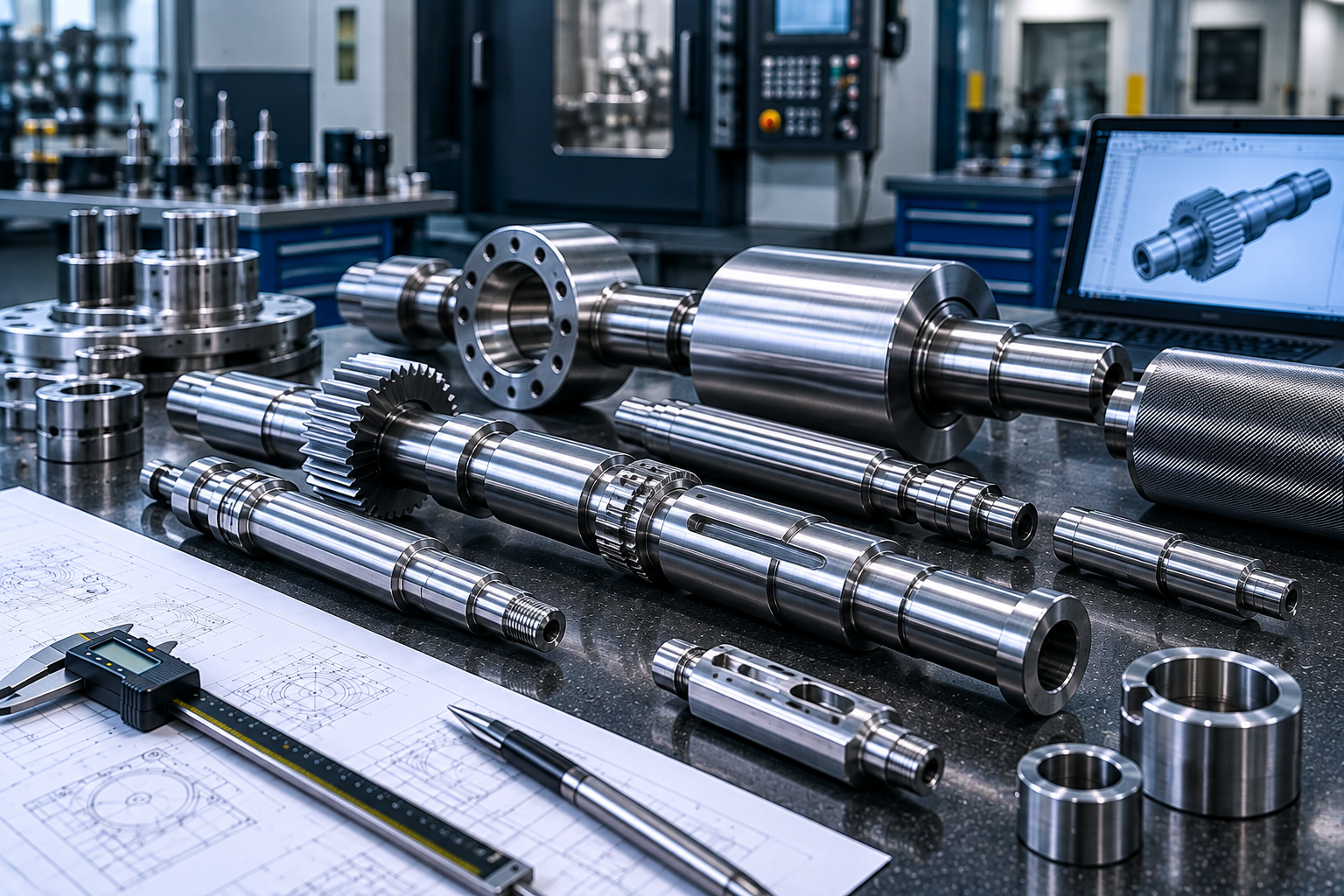Precision CNC-turned industrial shafts rollers and cylindrical machinery components for Dubai and UAE projects