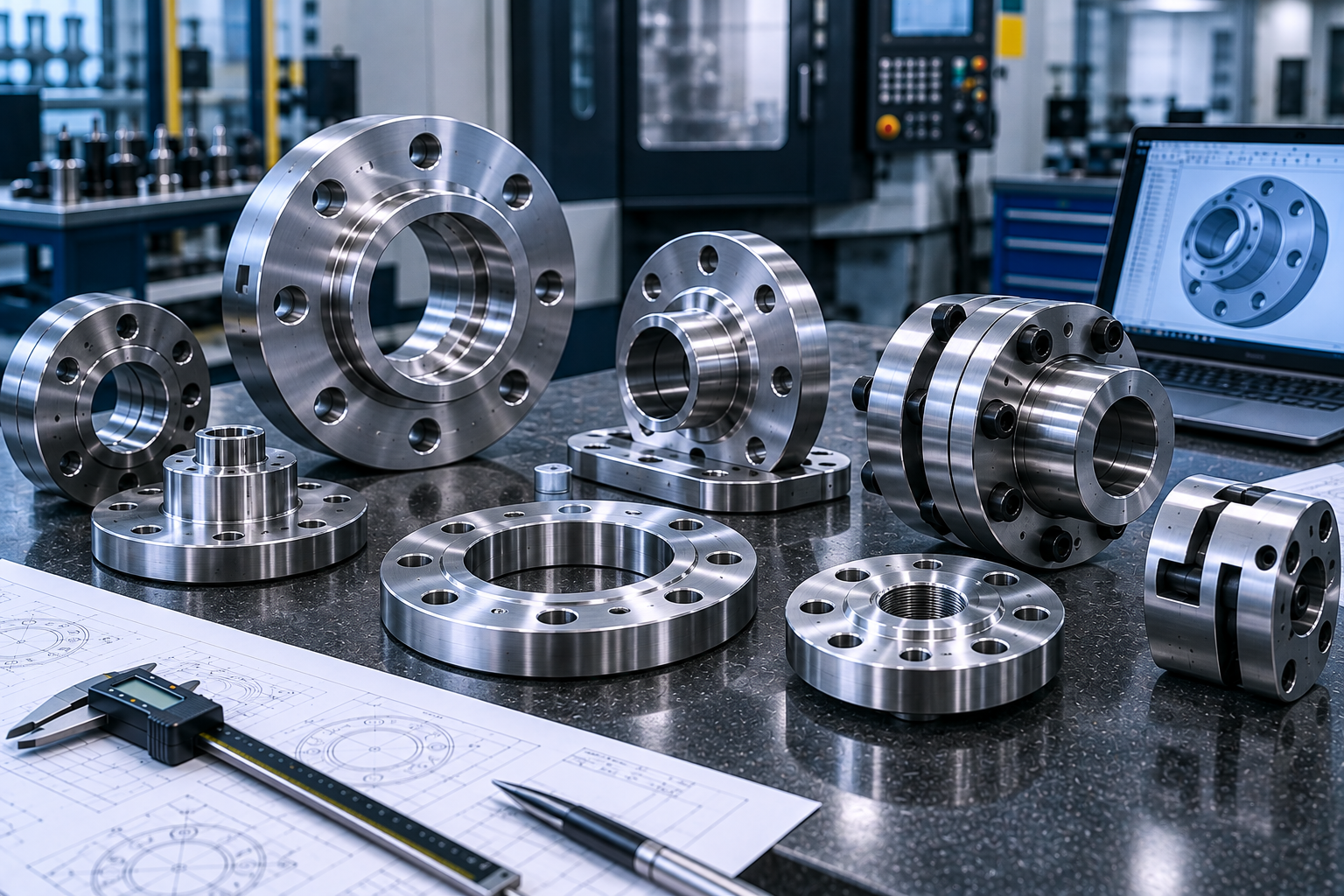 Precision CNC-machined industrial flanges couplings and circular interface components for machinery projects in Dubai and the UAE
