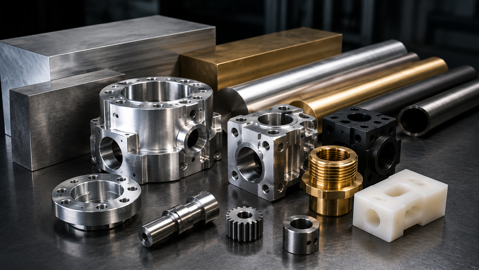 CNC-machined prototype components in aluminium, stainless steel, brass and engineering plastic