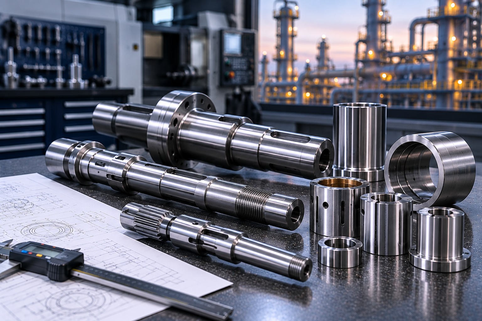 Precision CNC-machined shafts and sleeves for oil gas pumps valves and rotating equipment