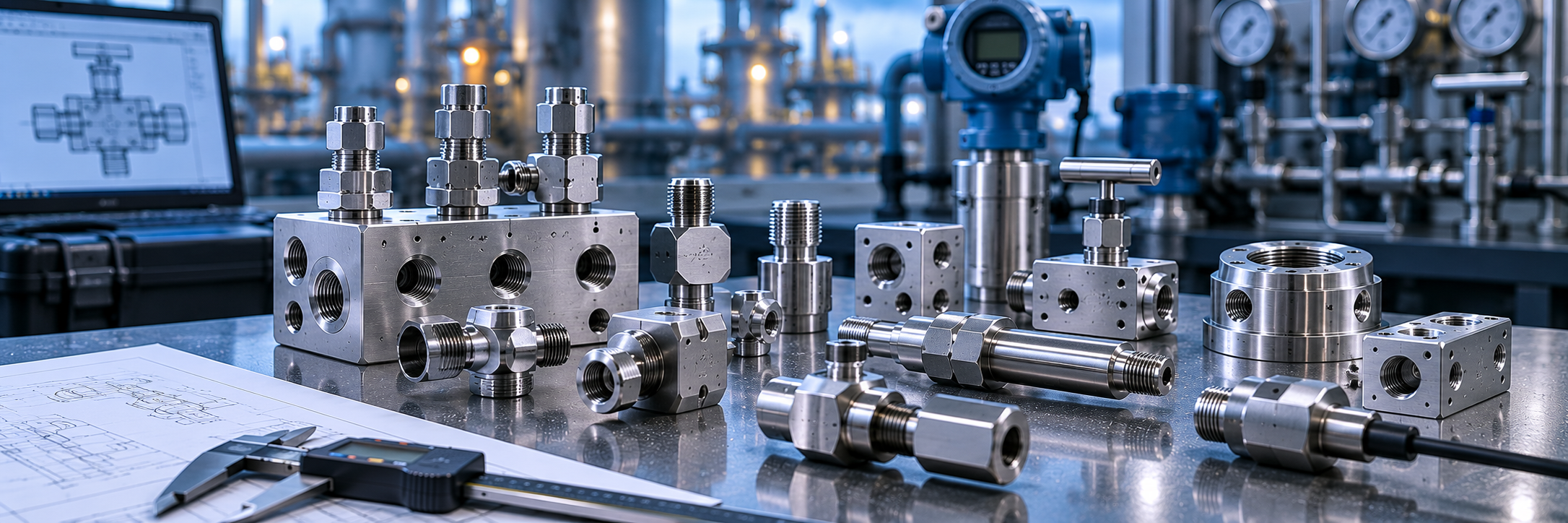 Precision CNC-machined instrumentation hardware fittings adapters blocks and mounting components for oil gas equipment