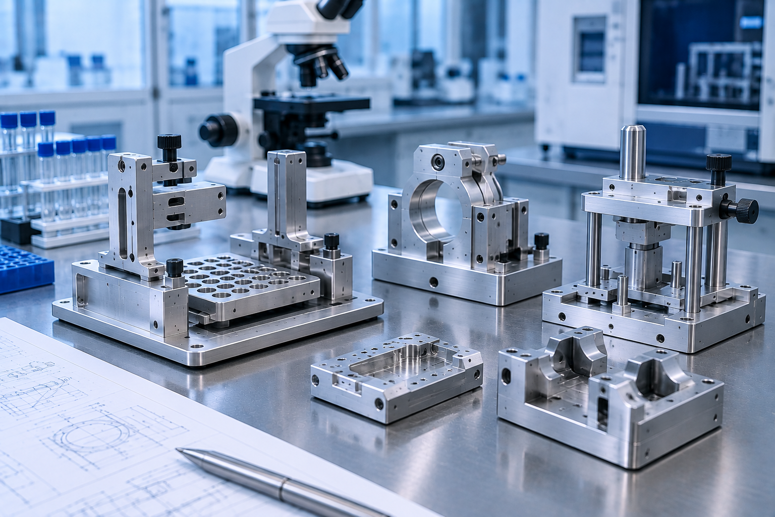 Precision machined laboratory equipment fixtures holders and support components
