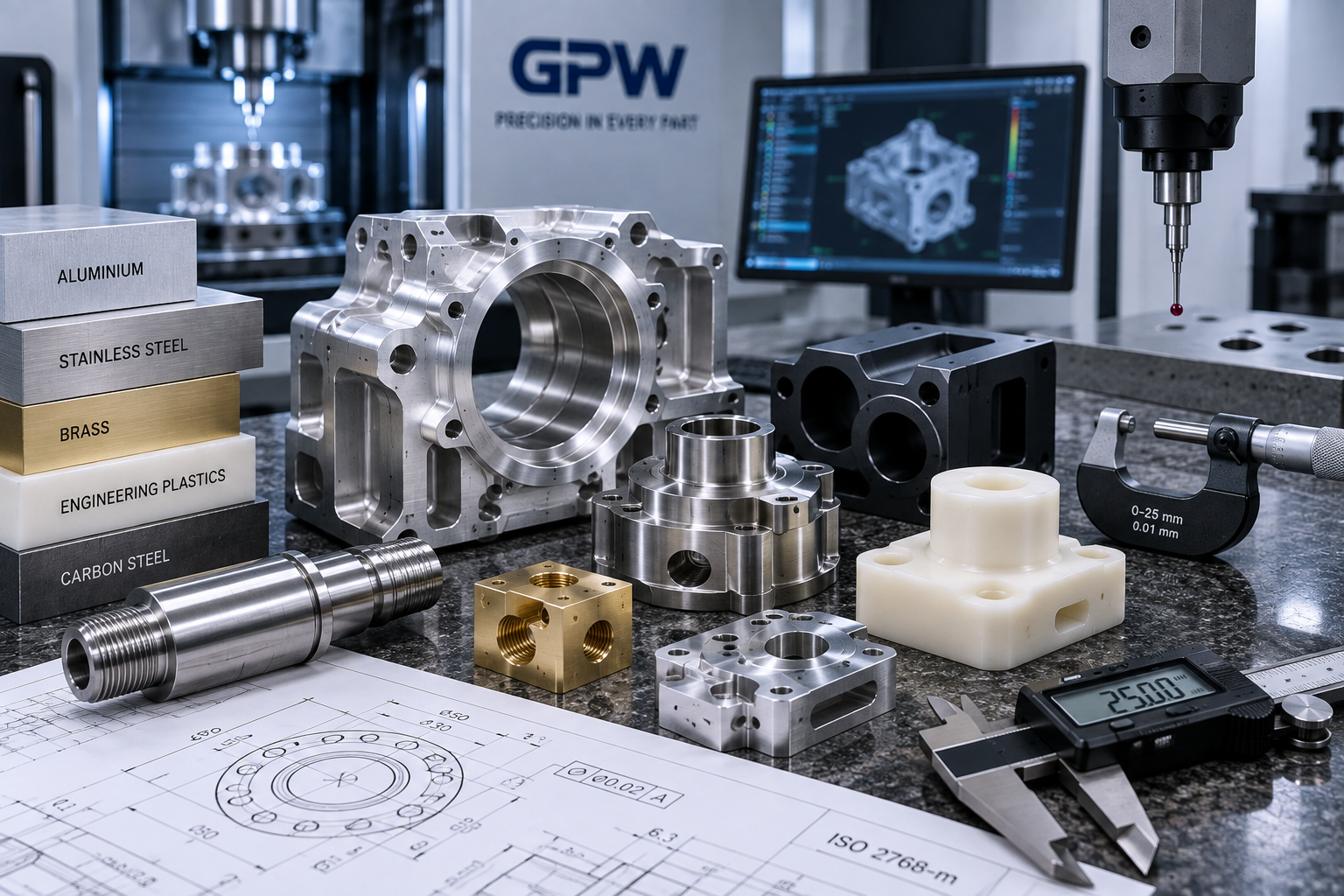 CNC machined aluminium, stainless steel and engineering plastic components with precision dimensional inspection for UAE manufacturing projects