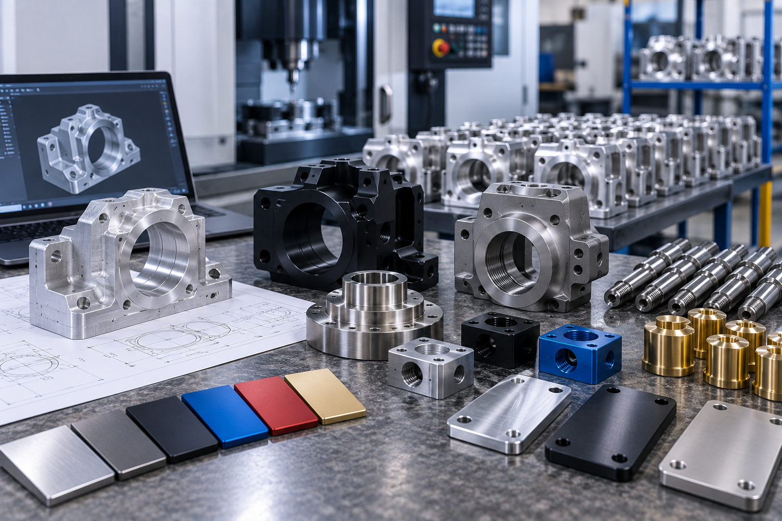 CNC prototype and production machined components with different surface finishes for engineering projects in Dubai and the UAE