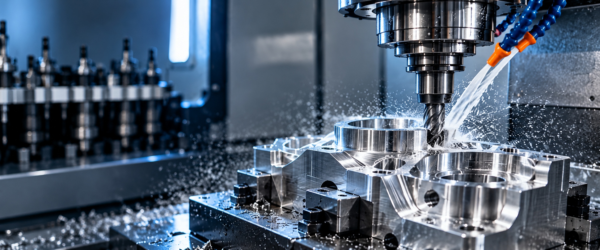 CNC machining center manufacturing a precision metal component