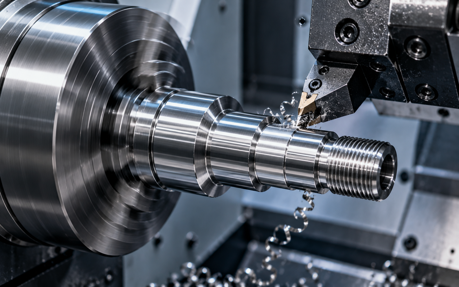 Precision CNC turning of a machined metal shaft
