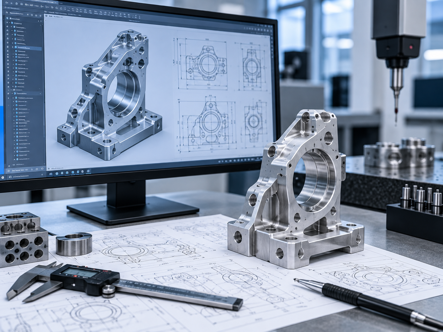 Engineering drawing and precision CNC machined component under manufacturability review