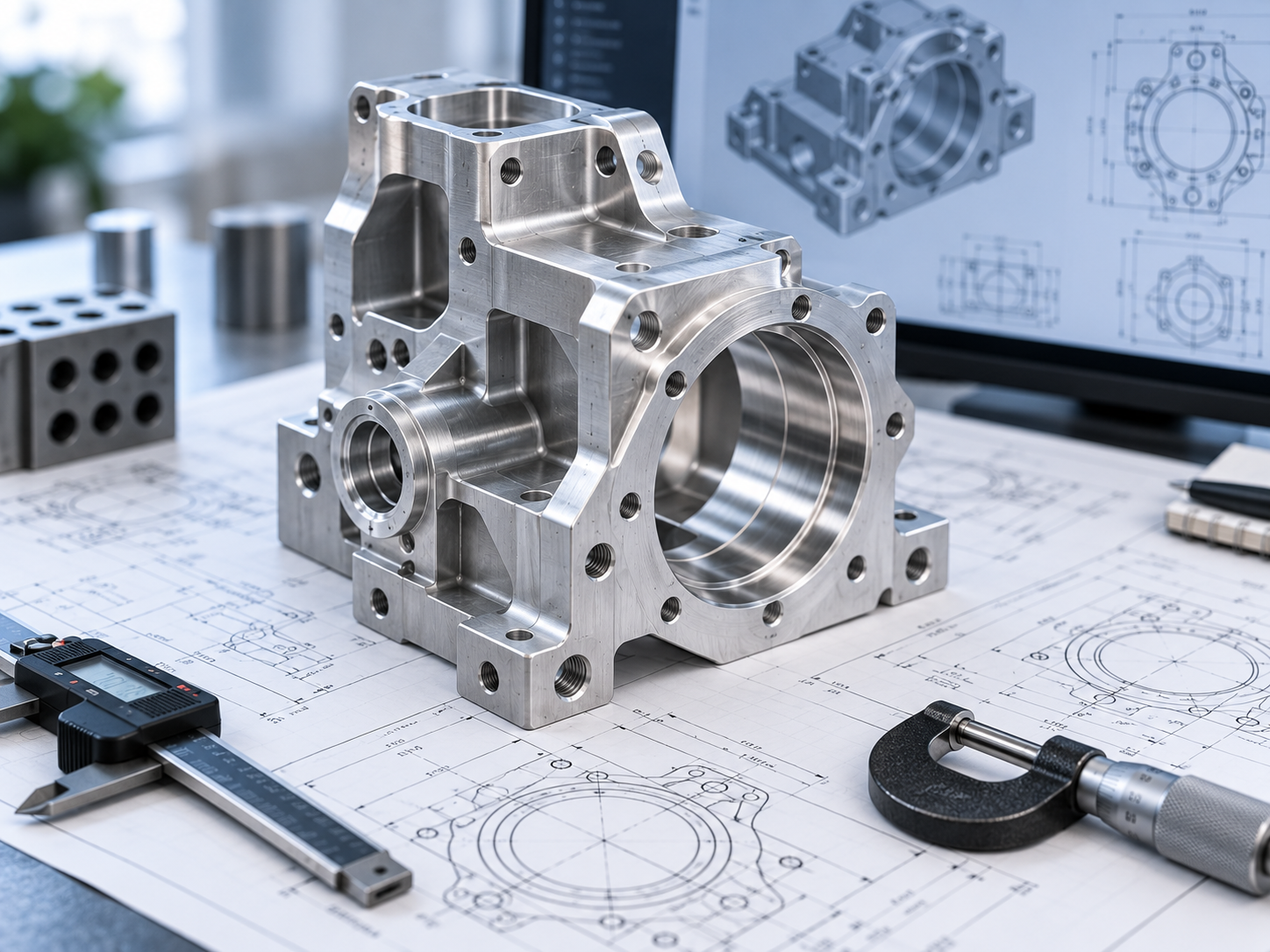Precision CNC machined component with engineering drawing for manufacturing review